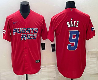 Mens Puerto Rico Baseball #9 Javier Baez 2023 Red World Baseball Classic Stitched Jersey